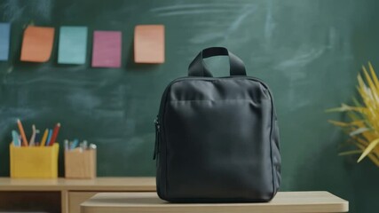 Aufkleber - Black backpack resting on a desk in a vibrant classroom, surrounded by a chalkboard and colorful sticky notes, creating an inviting atmosphere for back to school preparations
