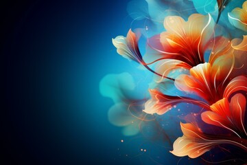 Poster - Abstract glowing orange flowers on a soft blue background create a captivating and elegant floral design