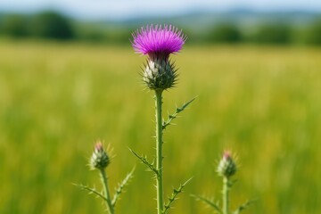 Wall Mural - Discover the striking purple weed with spiky, cylindrical blooms and slender leaves, known scientifically as Carduus pycnocephalus.