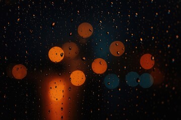 Poster - Night scene with water droplets on glass and city bokeh in the background