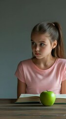 Poster - Schoolgirl looking confused while studying a book at her desk with a green apple placed on the wooden table in front of her, expressing difficulty and uncertainty in her educational pursuits
