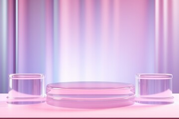 Aufkleber - Pink glass podium and cylinders on a pink surface, with a purple iridescent curtain in the background, creating a modern and elegant product display