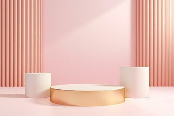 Poster - Minimalist pink backdrop with golden and white podiums, creating elegant space for product showcasing
