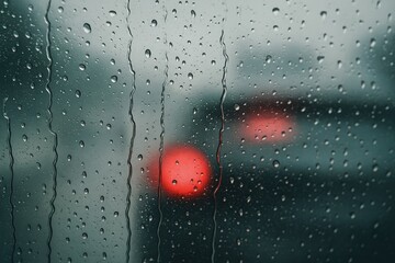 Poster - Raindrops streaming down a car window with a blurred rainy backdrop and tail lights