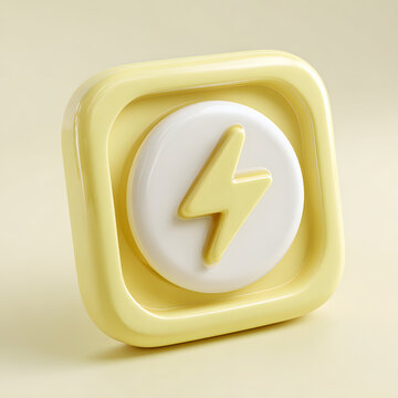 3D rendering of a yellow square button with a white circle and a yellow lightning bolt symbol.