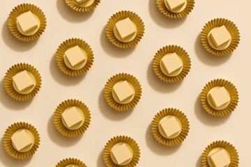 Poster - Artistic arrangement of golden baking cups filled with cubes on a soft pastel beige backdrop, featuring negative space and an abstract culinary design.
