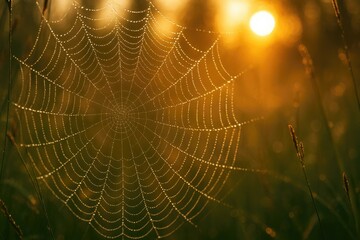Poster - Morning dew glistens on a spider web at dawn during summer