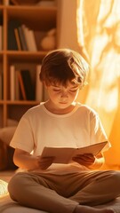 Poster - Young pupil is sitting comfortably in a cozy room, bathed in warm sunlight streaming through the window, engrossed in reading a book, creating a peaceful and educational atmosphere