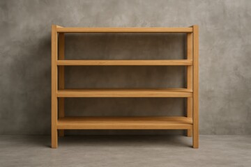 Poster - Empty wooden shelves resting on the ground with plain concrete walls for displaying items