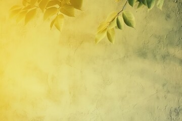 Poster - Green leaves hanging over textured yellow wall creating beautiful shadows with copy space