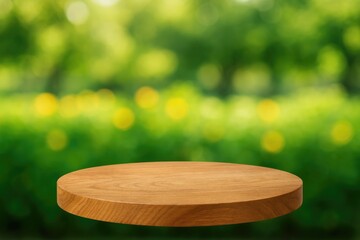 Poster - Wooden tabletop with a blurred garden backdrop