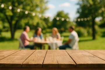 Poster - Blurred garden scene featuring a rustic wooden table set for a celebration