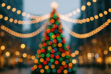 Poster - Abstract winter scene featuring a softly blurred, vibrant holiday tree adorned with sparkling lights