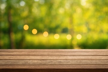 Poster - Wooden tabletop set against a softly blurred garden lighting backdrop, ideal for product showcases or creative montages
