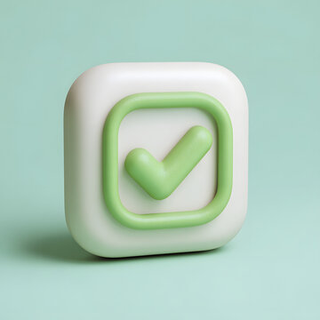 3D rendering of a white square with a rounded green check mark inside, against a light green background.