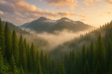 Naklejka na meble Lush green woodland shrouded in mist on mountain peaks