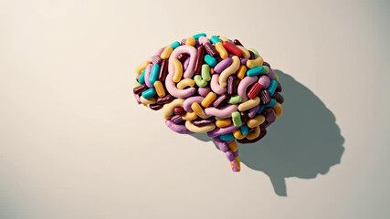 Poster - Multicolored sugar candies arranging into brain configuration, gently rotating and projecting delicate shadow against pristine surface, representing mental nutritional connections