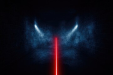 Poster - Dimly lit passageway featuring a red laser, smoky atmosphere, and vibrant neon lighting against a deep blue abstract backdrop