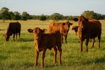 Wall Mural - young calf and adult cows grazing on a ranch