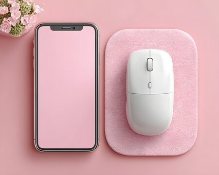 Pink mobile phone with mouse, computer icon, and web button vector illustration