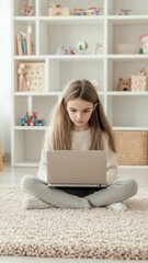 Aufkleber - Blond elementary school pupil using laptop sitting on carpet in children's room with legs crossed and toys in the background studying and doing homework