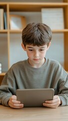 Poster - Elementary school student using digital tablet during class, sitting at desk in classroom with bookcase in background, embracing modern technology in education