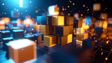 Fototapete - Abstract Digital Cubes Glowing With Blue And Orange Lights Over A Grid Background