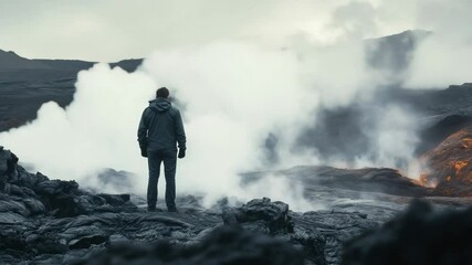 Poster - Volcanologist observes an erupting volcano and lava flow, standing on solidified rocks, wearing protective clothing, with smoke and steam rising