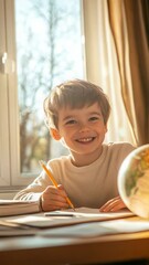 Poster - Happy child studying geography using a globe and writing on a notebook with a pencil, sitting at a wooden desk near a window in a sunny day