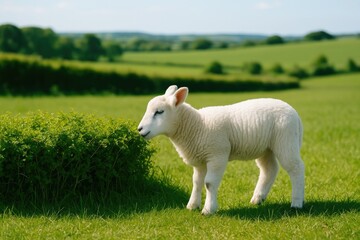 Wall Mural - A lone sheep grazing among the countryside bushes