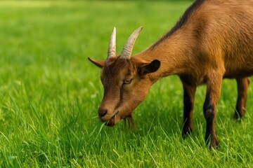 Wall Mural - a brown goat grazing on lush green pasture at a farm