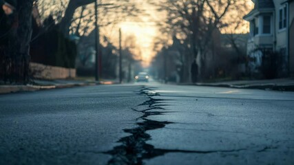 Poster - Earthquake aftermath revealing deep asphalt roadway cracks, residential street displaying massive structural damage under soft early morning illumination, infrastructure breaking apart