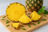 Juicy and sweet yellow pineapple slices on a chopping board