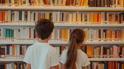 Poster - Two young pupils are choosing books from a large bookshelf in the school library, wearing white t shirts, symbolizing the excitement and opportunity of a new school year