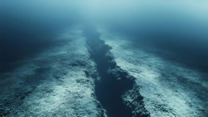 Poster - Massive earthquake rupturing underwater terrain, generating deep fissure across ocean floor, revealing dramatic geological transformation within marine environment