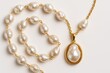 © GenZGraphics - Elegant gold jewelry featuring baroque pearl pendant and necklace, isolated on a white background from a top perspective