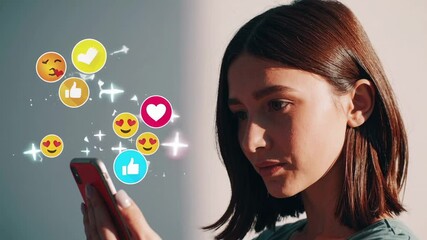 Poster - Social media interactions involving digital communication, displaying notifications, likes, hearts, and emojis surrounding young woman engaging with smartphone screen
