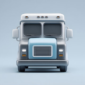 Frontal view of a stylized, cartoonish delivery truck with a blue grill and white roof, set against a light blue background.