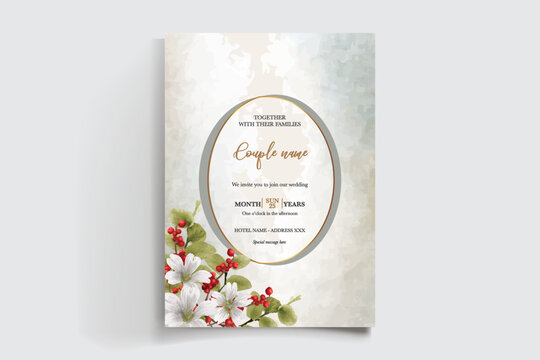 WEDDING INVITATION FRAME WITH FLOWER DECORATIONS AND FRESH LEAVES