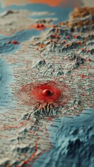 Poster - Concentric red circles represent seismic waves expanding from the epicenter of an earthquake on a three dimensional map. Illustrating the impact and propagation of tremors across the affected region