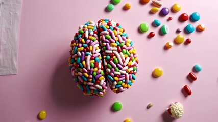 Poster - Colorful sugary candies encircling brain shaped form, gently rotating against soft pink backdrop, visualizing intricate relationship between sweet treats and mental health impacts