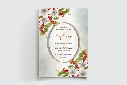 WEDDING INVITATION FRAME WITH FLOWER DECORATIONS AND FRESH LEAVES