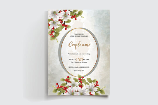 WEDDING INVITATION FRAME WITH FLOWER DECORATIONS AND FRESH LEAVES