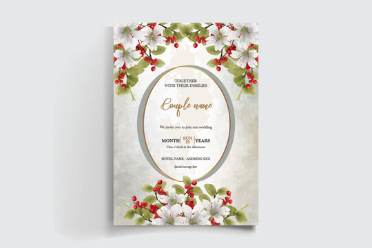 WEDDING INVITATION FRAME WITH FLOWER DECORATIONS AND FRESH LEAVES