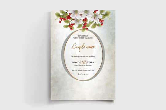 WEDDING INVITATION FRAME WITH FLOWER DECORATIONS AND FRESH LEAVES