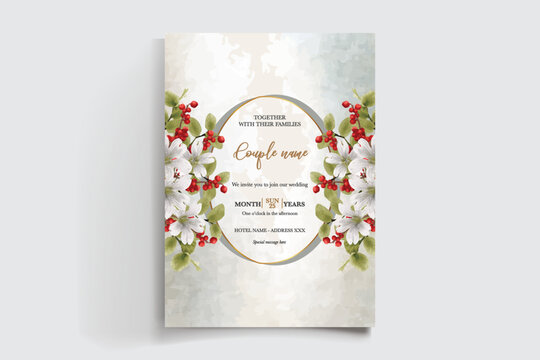 WEDDING INVITATION FRAME WITH FLOWER DECORATIONS AND FRESH LEAVES