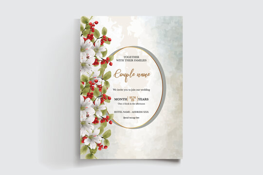 WEDDING INVITATION FRAME WITH FLOWER DECORATIONS AND FRESH LEAVES