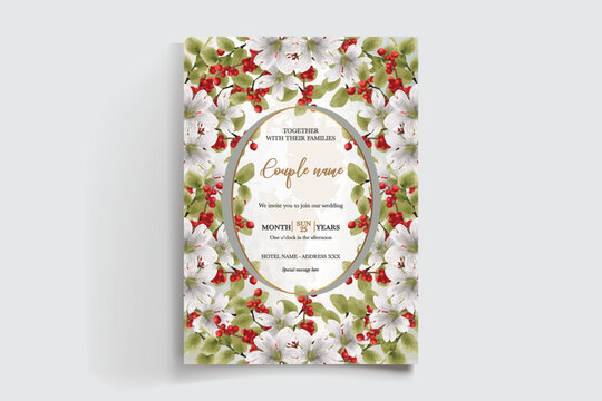 WEDDING INVITATION FRAME WITH FLOWER DECORATIONS AND FRESH LEAVES