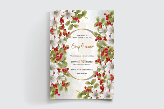WEDDING INVITATION FRAME WITH FLOWER DECORATIONS AND FRESH LEAVES