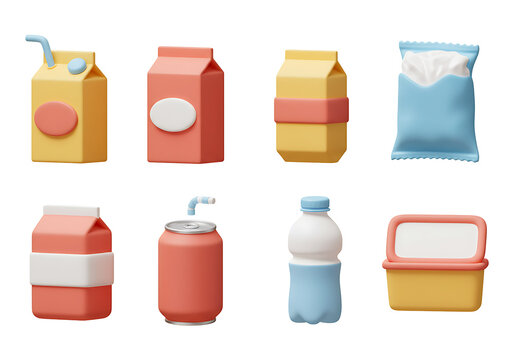 Collection of Colorful 3D Rendered Food and Beverage Packaging Icons